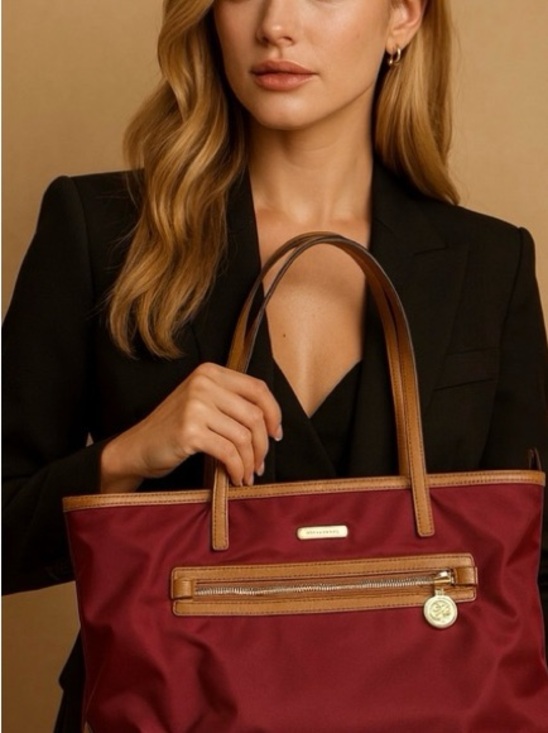 Michael Kors Handbags - Michael Kors Kempton Beige Nylon Zippered Tote Bag Logo Large Burgandy